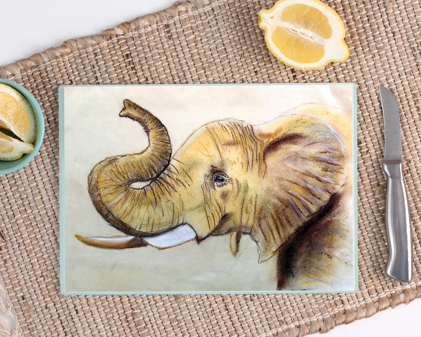 Elephant lover, hand drawn, exclusive, unique, glass cutting board, glass chopping board, special gift, housewarming gift, kitchen gift
