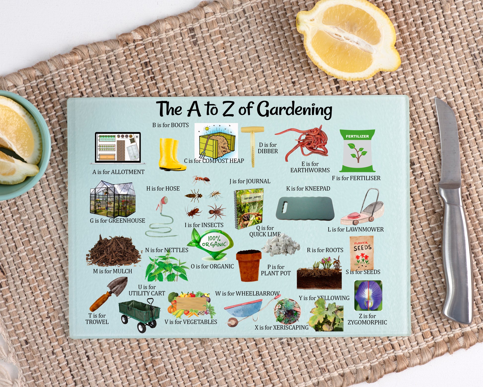 Glass cutting board, Glass chopping board, tempered glass, unique gift, housewarming gift, wedding gift, gardeners gift, A to Z of Gardening, 
