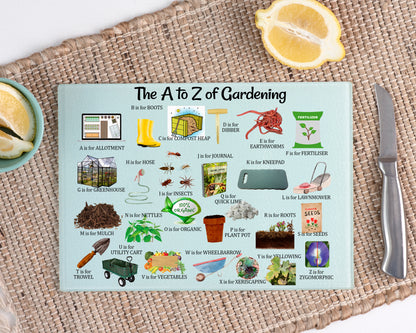 Glass cutting board, Glass chopping board, tempered glass, unique gift, housewarming gift, wedding gift, gardeners gift, A to Z of Gardening, 