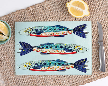 Watercolour sardines, hand drawn, Portuguese sardines, housewarming gift, unique gift, exclusive, cutting board, glass board, chopping board