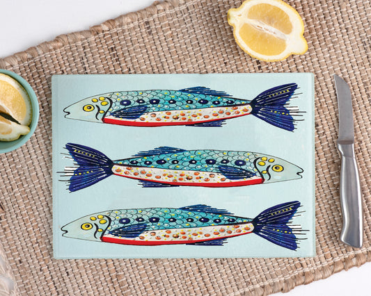 Watercolour sardines, hand drawn, Portuguese sardines, housewarming gift, unique gift, exclusive, cutting board, glass board, chopping board