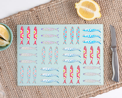 Coloured Sardines, Portuguese sardines, unique gift, exclusive, glass cutting board, glass chopping board, housewarming gift, kitchen decor, kitchen accessory